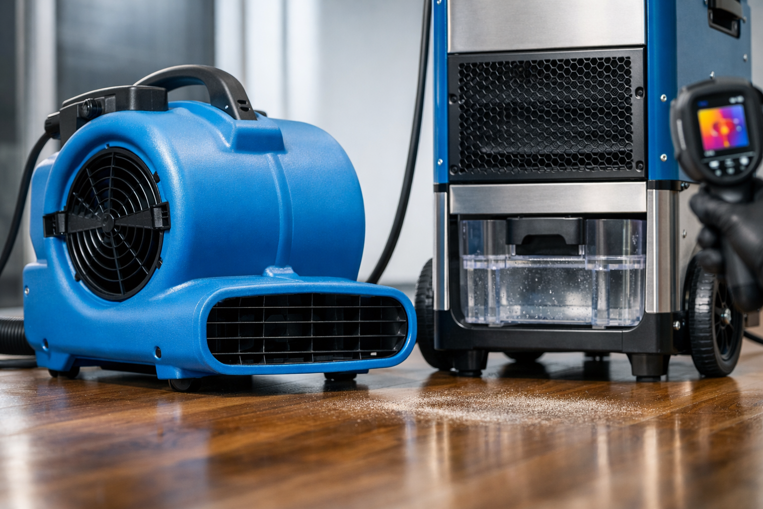 Industrial dehumidifiers and air mover setups drying a flooded property floor